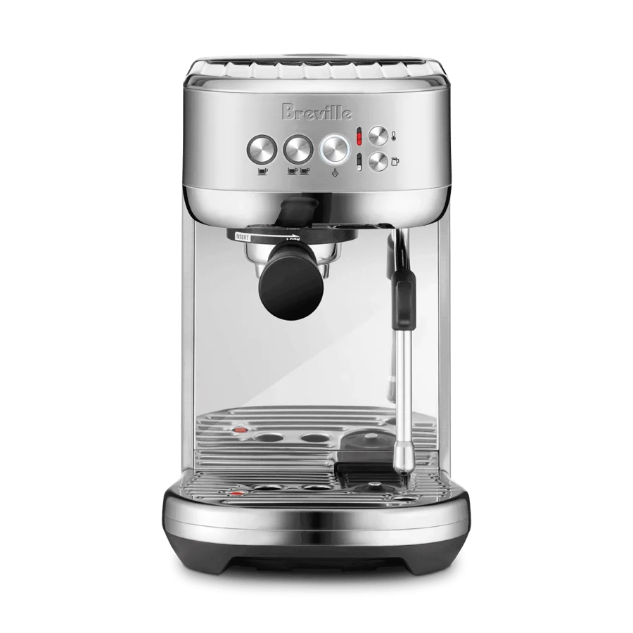 Breville Bambino Plus espresso machine in brushed stainless steel, seen from the front