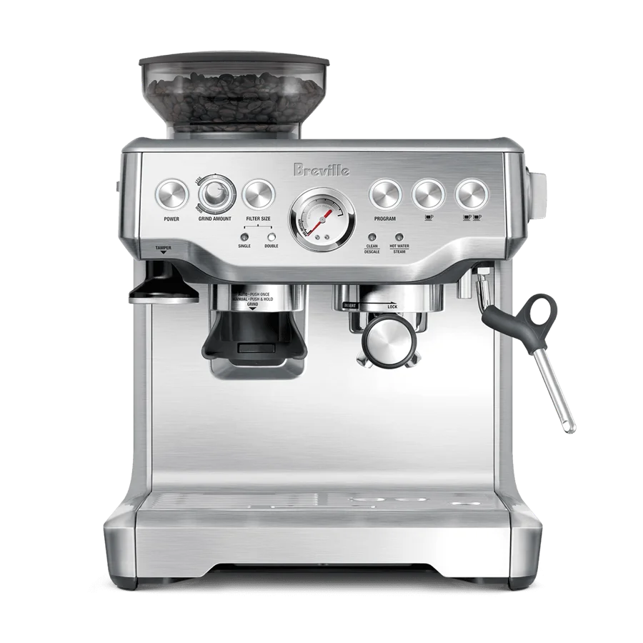 Breville Barista Express espresso machine in brushed stainless steel, seen from the front