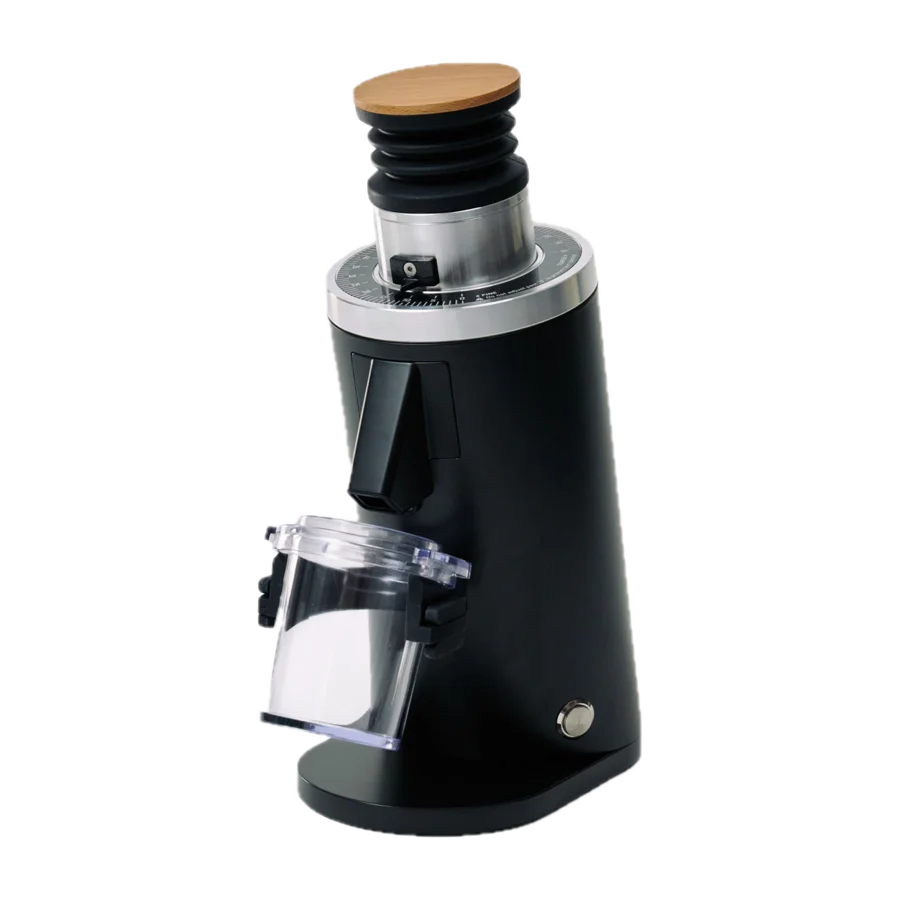 DF54 single-dose coffee grinder in black, with a wooden lid on the bellows and a clear grounds cup
