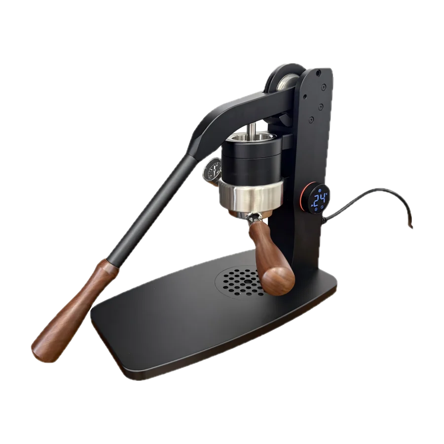 VK12 manual lever espresso machine in black with walnut handles, a pressure gauge and a small temperature display